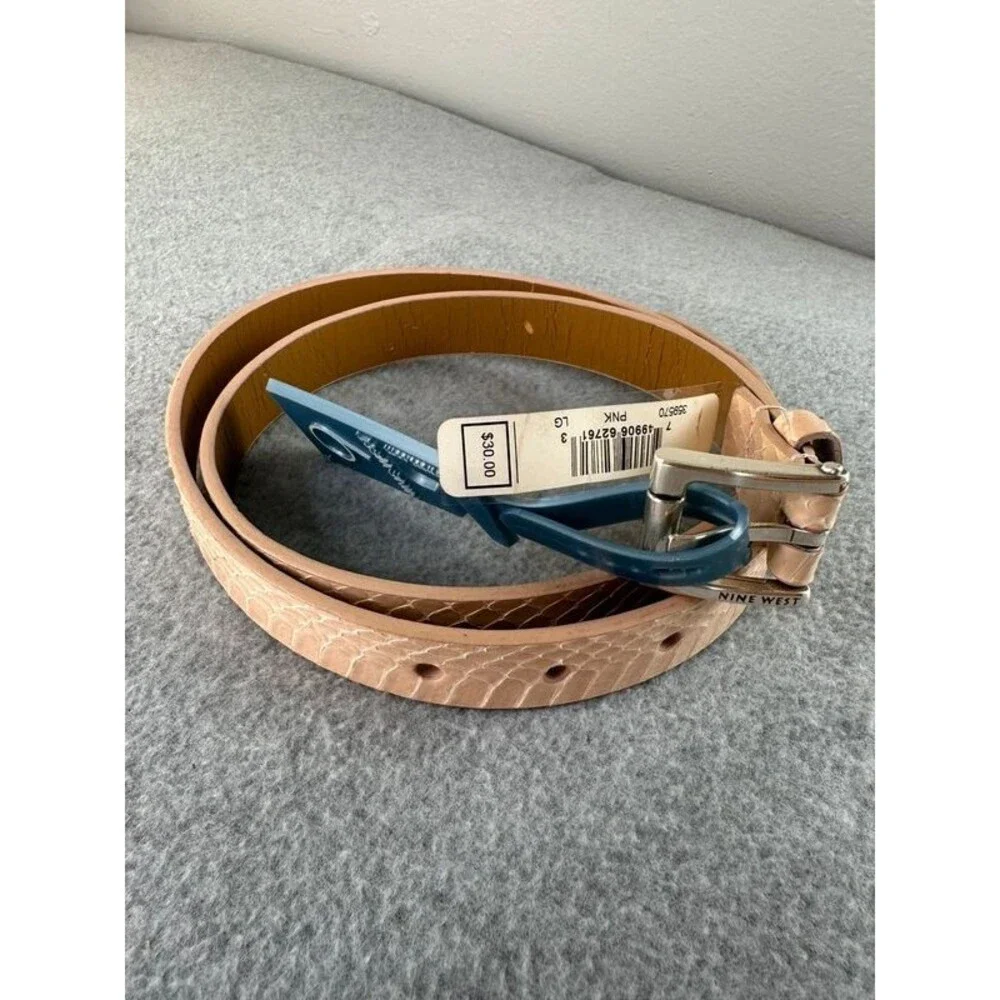 Nine West Genuine Leather Womens Size Large Belt Skinny Pink Snake Print